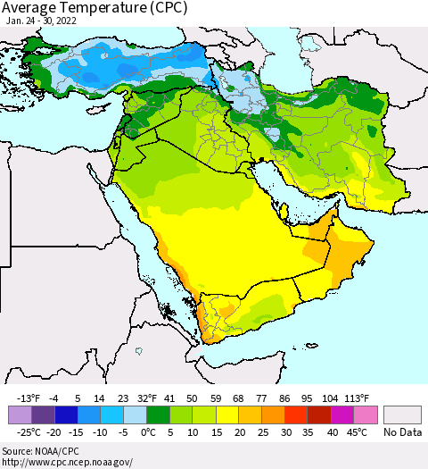 Middle East and Turkey Average Temperature (CPC) Thematic Map For 1/24/2022 - 1/30/2022