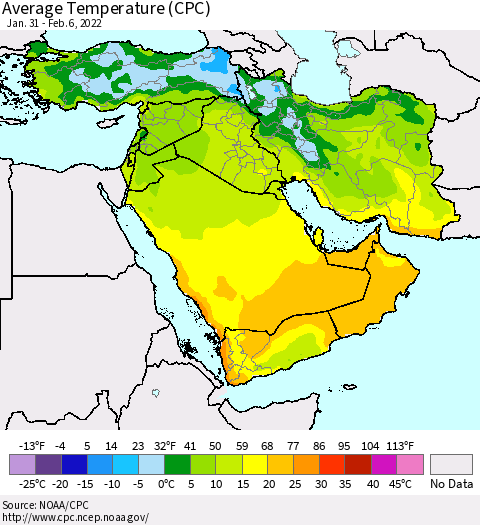 Middle East and Turkey Average Temperature (CPC) Thematic Map For 1/31/2022 - 2/6/2022