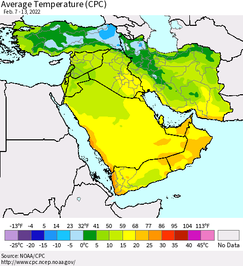 Middle East and Turkey Average Temperature (CPC) Thematic Map For 2/7/2022 - 2/13/2022