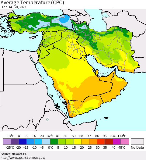 Middle East and Turkey Average Temperature (CPC) Thematic Map For 2/14/2022 - 2/20/2022