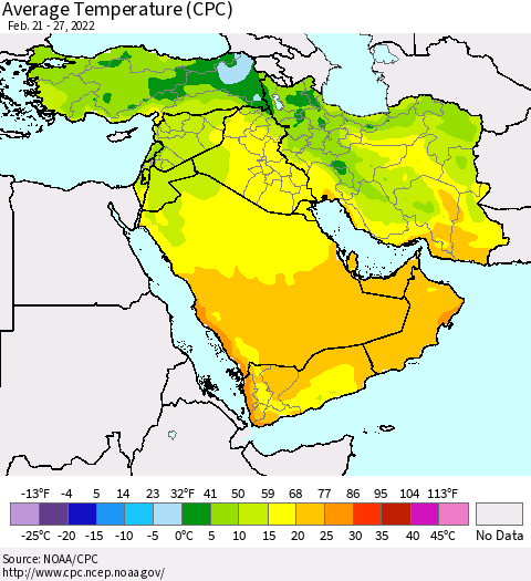 Middle East and Turkey Average Temperature (CPC) Thematic Map For 2/21/2022 - 2/27/2022