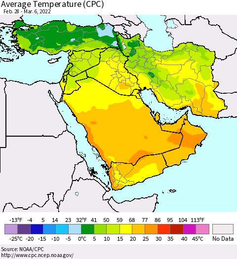 Middle East and Turkey Average Temperature (CPC) Thematic Map For 2/28/2022 - 3/6/2022