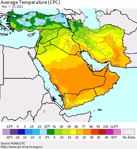 Middle East and Turkey Average Temperature (CPC) Thematic Map For 3/7/2022 - 3/13/2022