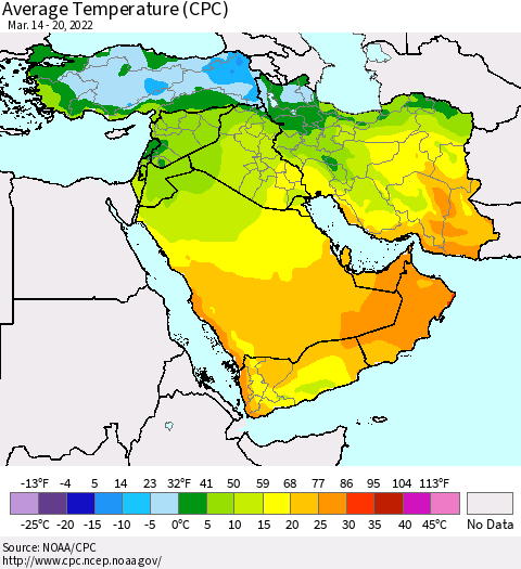 Middle East and Turkey Average Temperature (CPC) Thematic Map For 3/14/2022 - 3/20/2022