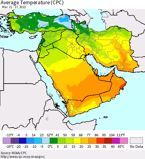 Middle East and Turkey Average Temperature (CPC) Thematic Map For 3/21/2022 - 3/27/2022