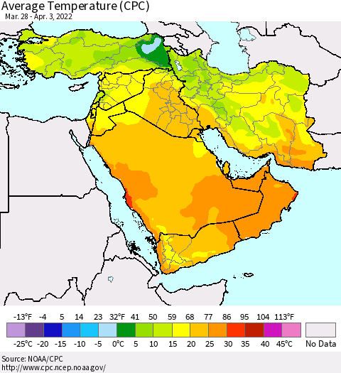 Middle East and Turkey Average Temperature (CPC) Thematic Map For 3/28/2022 - 4/3/2022