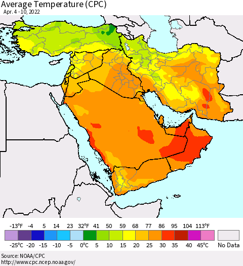 Middle East and Turkey Average Temperature (CPC) Thematic Map For 4/4/2022 - 4/10/2022