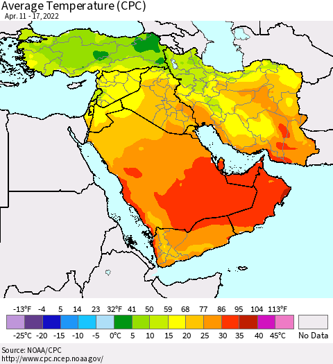 Middle East and Turkey Average Temperature (CPC) Thematic Map For 4/11/2022 - 4/17/2022