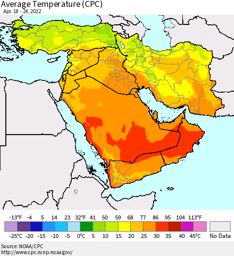 Middle East and Turkey Average Temperature (CPC) Thematic Map For 4/18/2022 - 4/24/2022