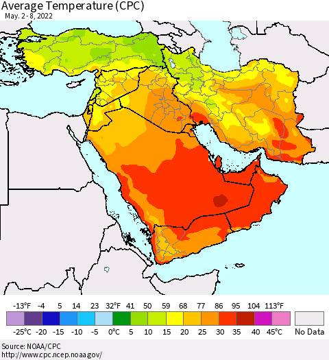 Middle East and Turkey Average Temperature (CPC) Thematic Map For 5/2/2022 - 5/8/2022