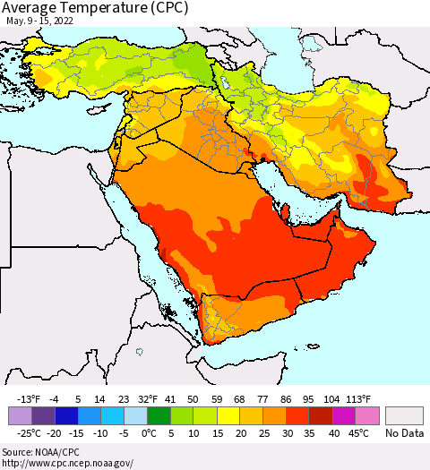Middle East and Turkey Average Temperature (CPC) Thematic Map For 5/9/2022 - 5/15/2022