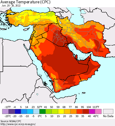 Middle East and Turkey Average Temperature (CPC) Thematic Map For 6/20/2022 - 6/26/2022