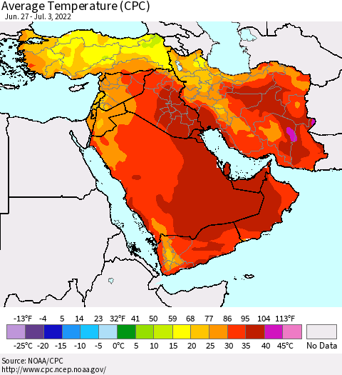 Middle East and Turkey Average Temperature (CPC) Thematic Map For 6/27/2022 - 7/3/2022