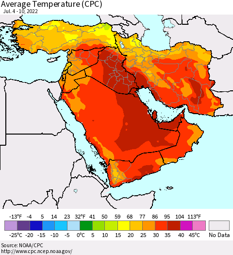Middle East and Turkey Average Temperature (CPC) Thematic Map For 7/4/2022 - 7/10/2022