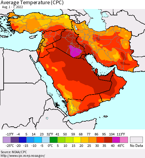 Middle East and Turkey Average Temperature (CPC) Thematic Map For 8/1/2022 - 8/7/2022