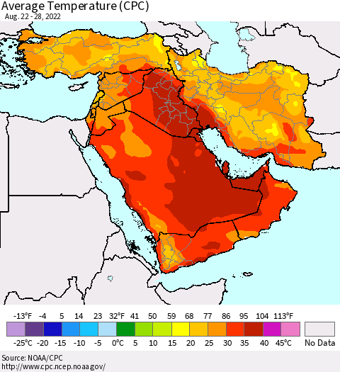 Middle East and Turkey Average Temperature (CPC) Thematic Map For 8/22/2022 - 8/28/2022