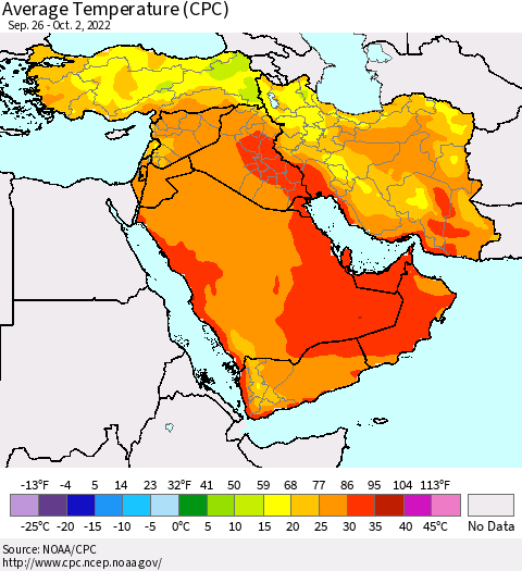 Middle East and Turkey Average Temperature (CPC) Thematic Map For 9/26/2022 - 10/2/2022