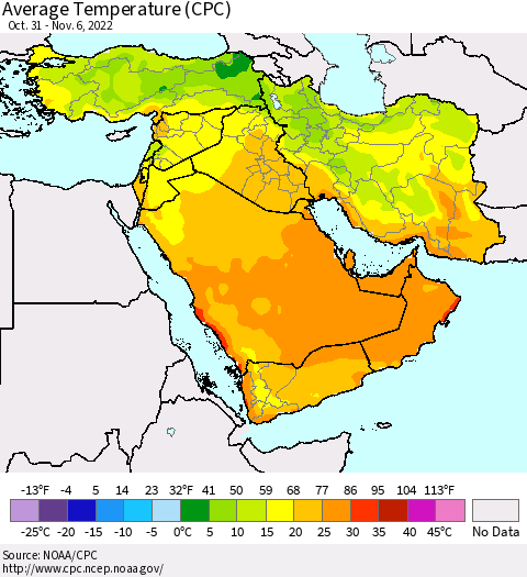 Middle East and Turkey Average Temperature (CPC) Thematic Map For 10/31/2022 - 11/6/2022
