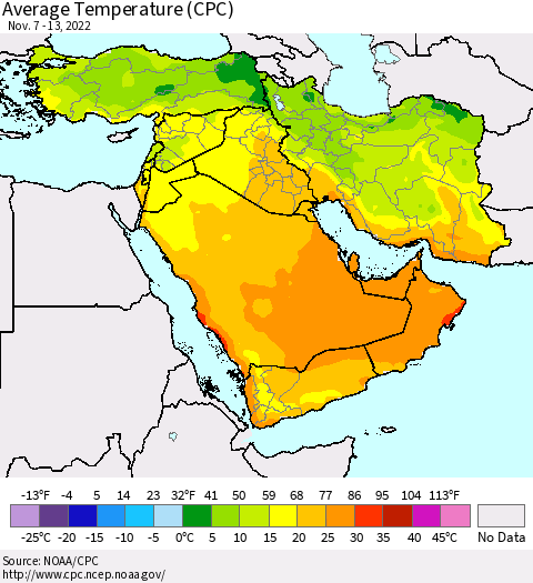 Middle East and Turkey Average Temperature (CPC) Thematic Map For 11/7/2022 - 11/13/2022