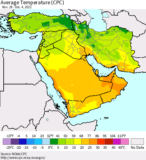 Middle East and Turkey Average Temperature (CPC) Thematic Map For 11/28/2022 - 12/4/2022