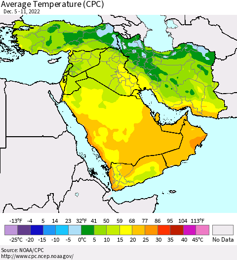 Middle East and Turkey Average Temperature (CPC) Thematic Map For 12/5/2022 - 12/11/2022