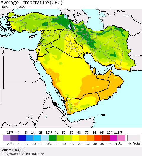 Middle East and Turkey Average Temperature (CPC) Thematic Map For 12/12/2022 - 12/18/2022