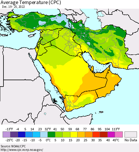 Middle East and Turkey Average Temperature (CPC) Thematic Map For 12/19/2022 - 12/25/2022
