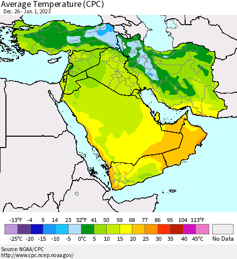 Middle East and Turkey Average Temperature (CPC) Thematic Map For 12/26/2022 - 1/1/2023