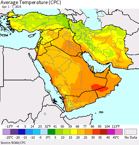 Middle East and Turkey Average Temperature (CPC) Thematic Map For 4/1/2024 - 4/7/2024