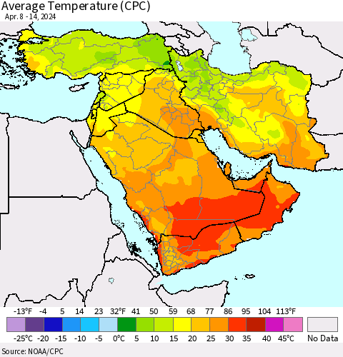 Middle East and Turkey Average Temperature (CPC) Thematic Map For 4/8/2024 - 4/14/2024