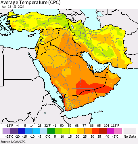 Middle East and Turkey Average Temperature (CPC) Thematic Map For 4/15/2024 - 4/21/2024