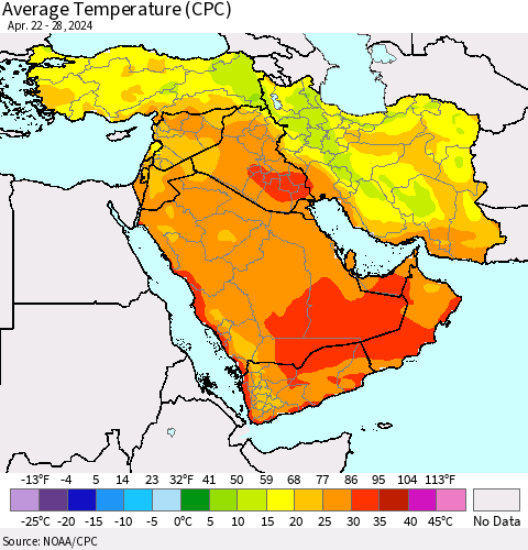 Middle East and Turkey Average Temperature (CPC) Thematic Map For 4/22/2024 - 4/28/2024