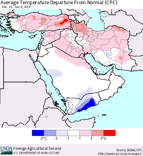 Middle East and Turkey Average Temperature Departure from Normal (CPC) Thematic Map For 12/31/2018 - 1/6/2019