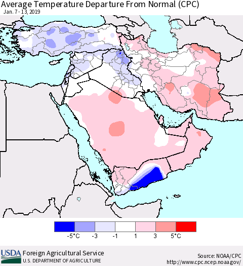Middle East and Turkey Average Temperature Departure from Normal (CPC) Thematic Map For 1/7/2019 - 1/13/2019