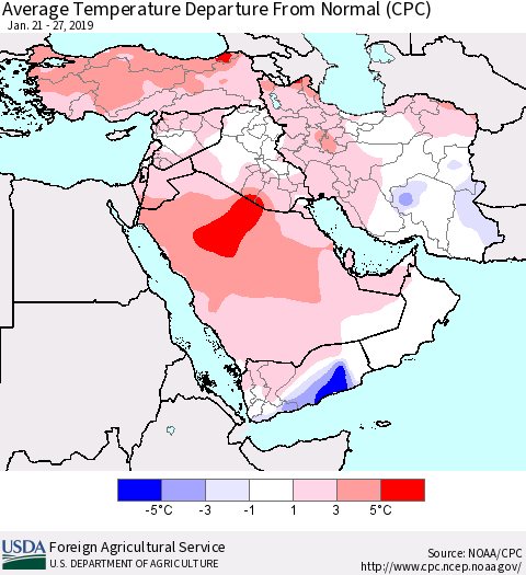 Middle East and Turkey Average Temperature Departure from Normal (CPC) Thematic Map For 1/21/2019 - 1/27/2019
