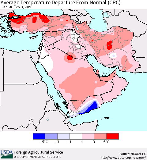 Middle East and Turkey Average Temperature Departure from Normal (CPC) Thematic Map For 1/28/2019 - 2/3/2019