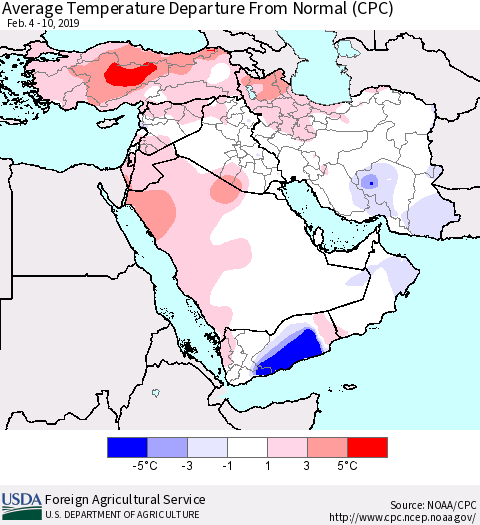 Middle East and Turkey Average Temperature Departure from Normal (CPC) Thematic Map For 2/4/2019 - 2/10/2019