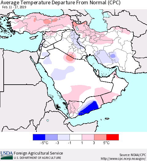 Middle East and Turkey Average Temperature Departure from Normal (CPC) Thematic Map For 2/11/2019 - 2/17/2019