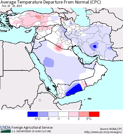 Middle East and Turkey Average Temperature Departure from Normal (CPC) Thematic Map For 2/18/2019 - 2/24/2019