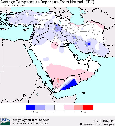 Middle East and Turkey Average Temperature Departure from Normal (CPC) Thematic Map For 2/25/2019 - 3/3/2019