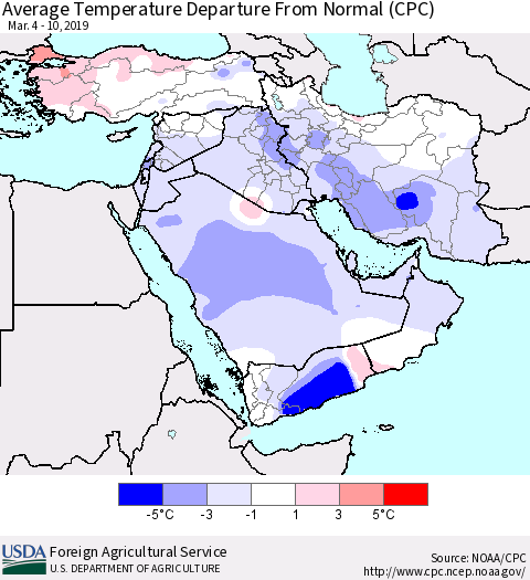 Middle East and Turkey Average Temperature Departure from Normal (CPC) Thematic Map For 3/4/2019 - 3/10/2019
