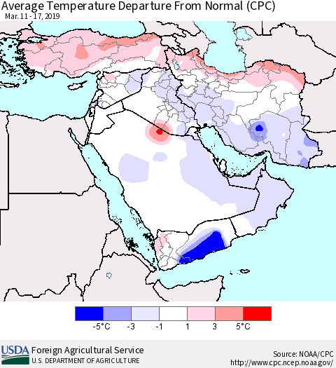 Middle East and Turkey Average Temperature Departure from Normal (CPC) Thematic Map For 3/11/2019 - 3/17/2019