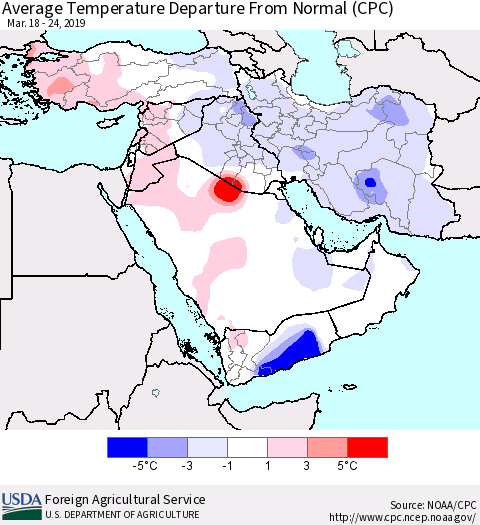 Middle East and Turkey Average Temperature Departure from Normal (CPC) Thematic Map For 3/18/2019 - 3/24/2019