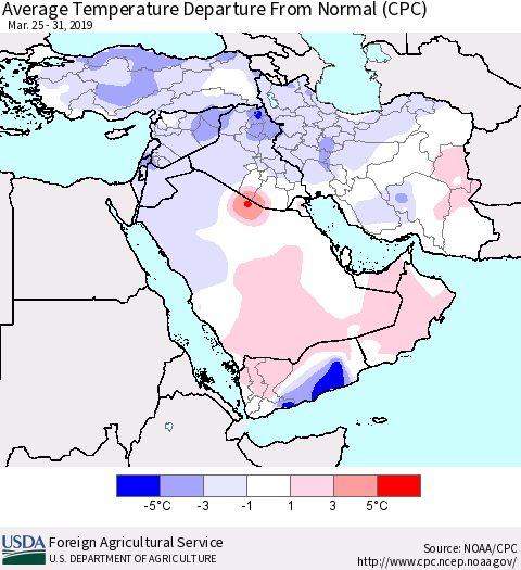 Middle East and Turkey Average Temperature Departure from Normal (CPC) Thematic Map For 3/25/2019 - 3/31/2019