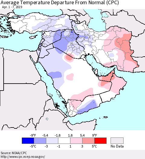 Middle East and Turkey Average Temperature Departure from Normal (CPC) Thematic Map For 4/1/2019 - 4/7/2019