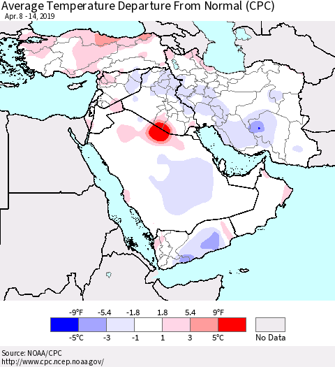 Middle East and Turkey Average Temperature Departure from Normal (CPC) Thematic Map For 4/8/2019 - 4/14/2019