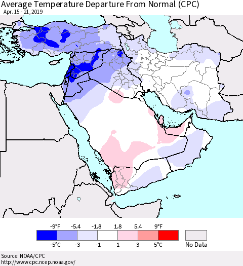 Middle East and Turkey Average Temperature Departure from Normal (CPC) Thematic Map For 4/15/2019 - 4/21/2019