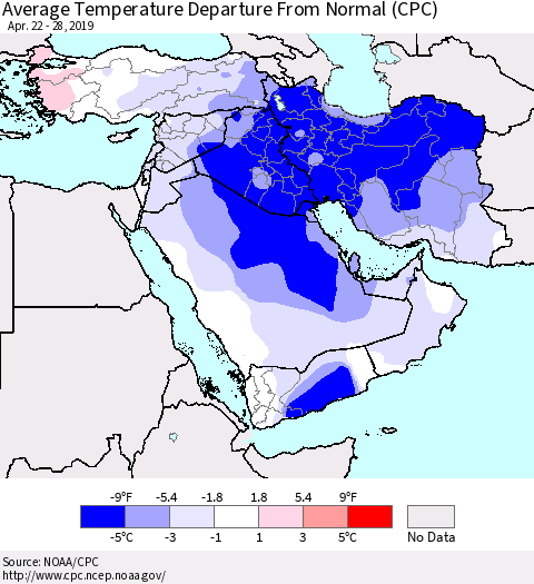 Middle East and Turkey Average Temperature Departure from Normal (CPC) Thematic Map For 4/22/2019 - 4/28/2019