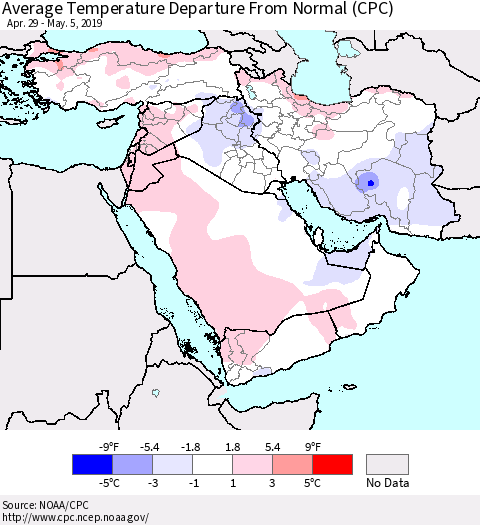 Middle East and Turkey Average Temperature Departure from Normal (CPC) Thematic Map For 4/29/2019 - 5/5/2019