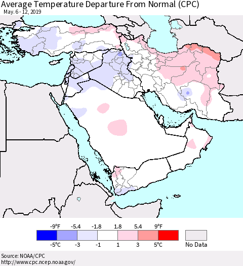 Middle East and Turkey Average Temperature Departure from Normal (CPC) Thematic Map For 5/6/2019 - 5/12/2019